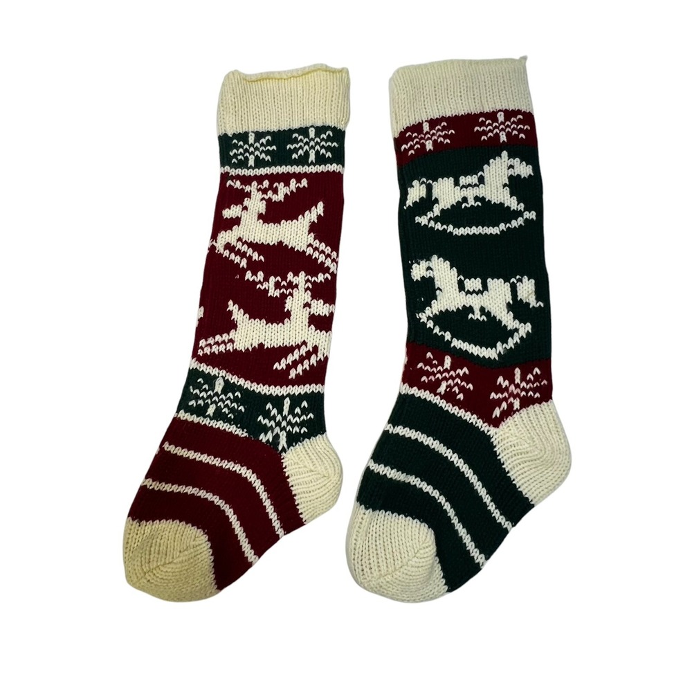 Vtg Knit Christmas Stocking Reindeer Rocking Chair Green Red 20in 2pc Set